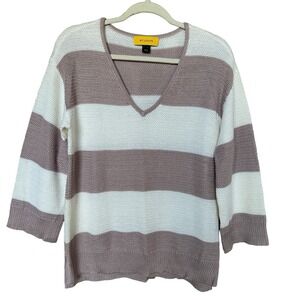 St. John Knit‎ Sweater Medium Women's Pink White Stripe 3/4 Sleeve Wool Blend